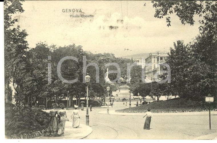 1906 GENOVA Veduta di Piazza CORVETTO *Cartolina ANIMATA donne FP VG