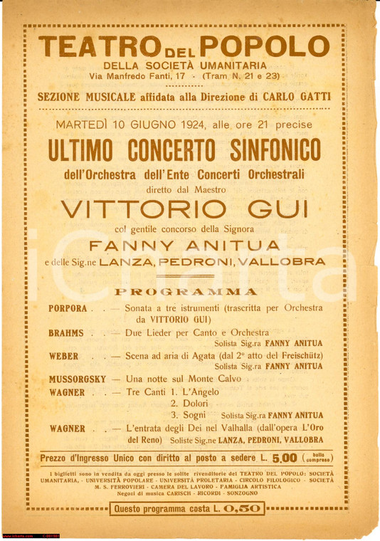 1924 MILANO SOCIETA' UMANITARIA Concerto Vittorio GUY Fanny ANITUA 