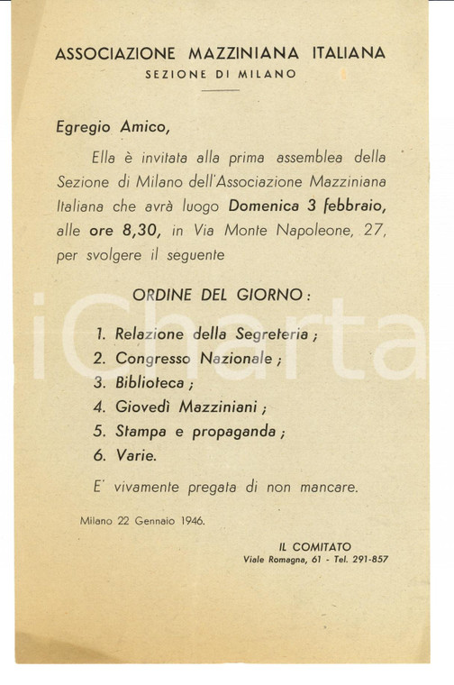 1946 ASSOCIAZIONE MAZZINIANA MILANO Convocazione prima assemblea