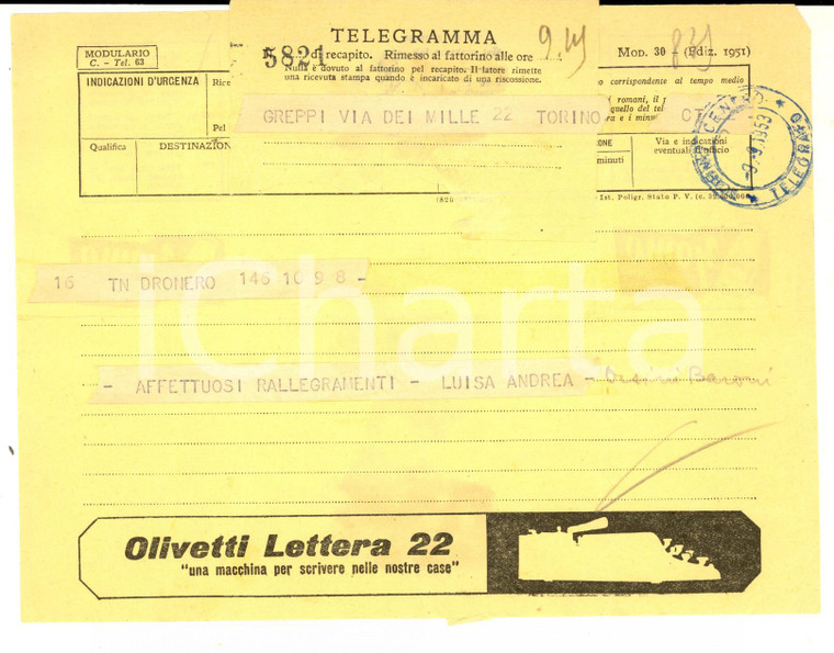 1953 TORINO Telegramma pubblicitario OLIVETTI Lettera 22 - YOMO *VINTAGE