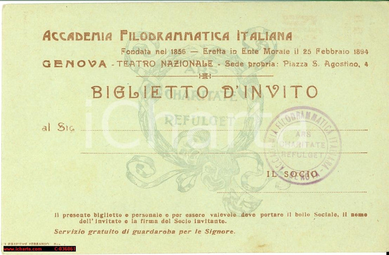 1916 GENOVA Filodrammatica invito Fiore di Andalusia