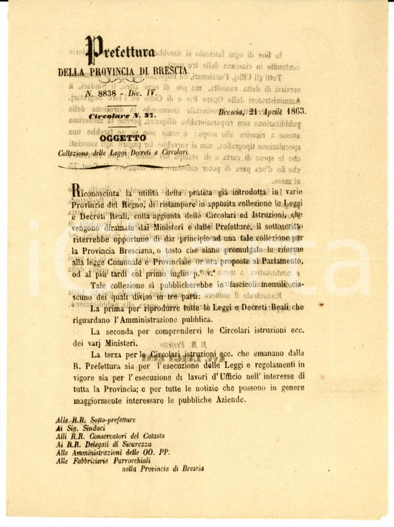 1863 ALFIANELLO (BS) Collezione di leggi e decreti *Prefilatelica