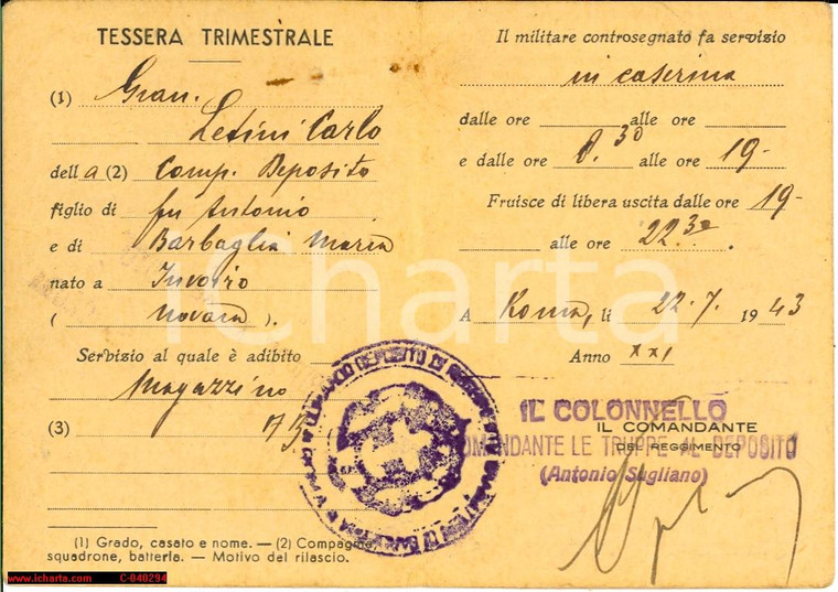 1943 Granatieri di Sardegna Tessera Gian Carlo LETINI