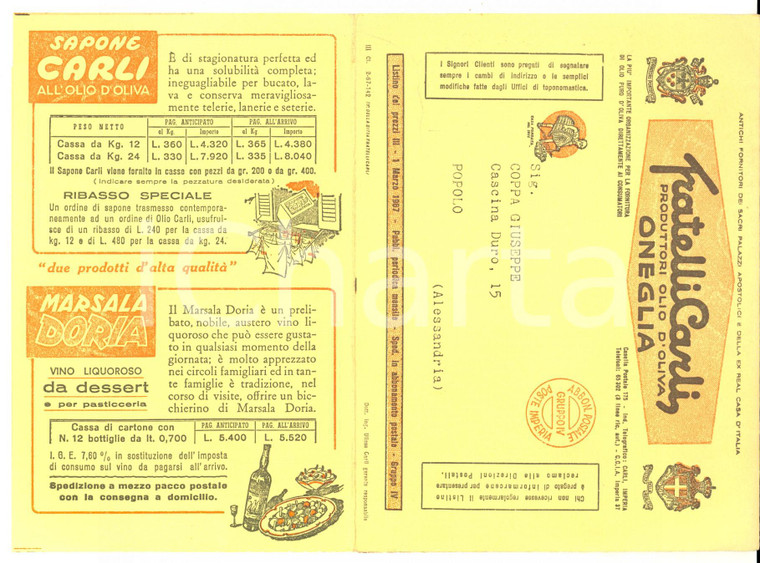1967 IMPERIA ONEGLIA Fratelli CARLI olio d'oliva Listino prezzi ILLUSTRATO