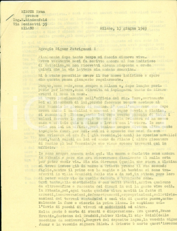 1949 MILANO Ad OPATIJA arresti incarcerazioni e defenestramenti *Lettera