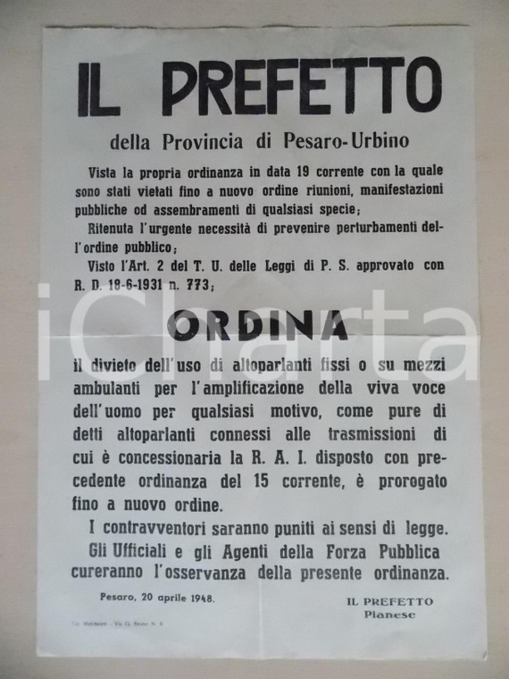 1948 PESARO Divieto dell'uso di altoparlanti su mezzi ambulanti *Manifesto 35x50