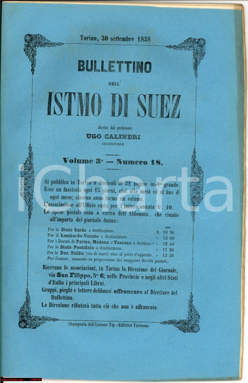 1858 TORINO Bullettino dell'istmo di SUEZ rivista