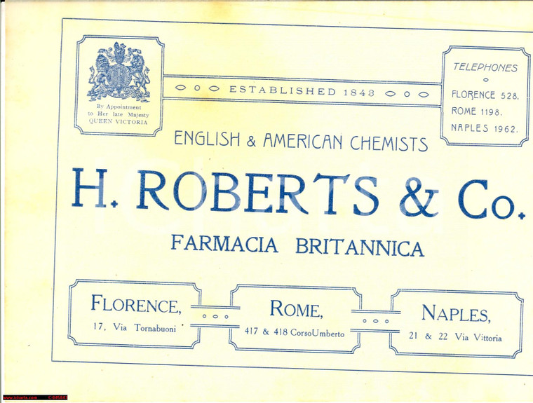 1920 ca FIRENZE English chemists H. ROBERTS & Co.
