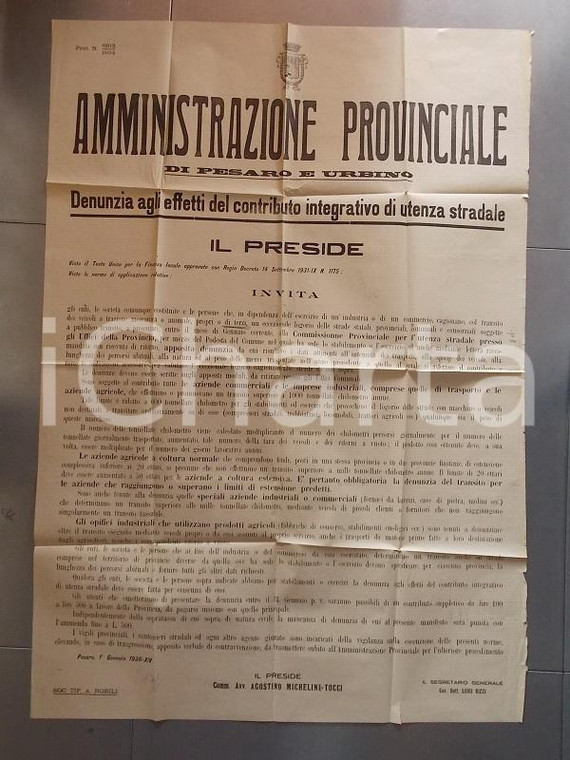 1936 PESARO URBINO Denunzia utenze per logorio strade statali *Manifesto