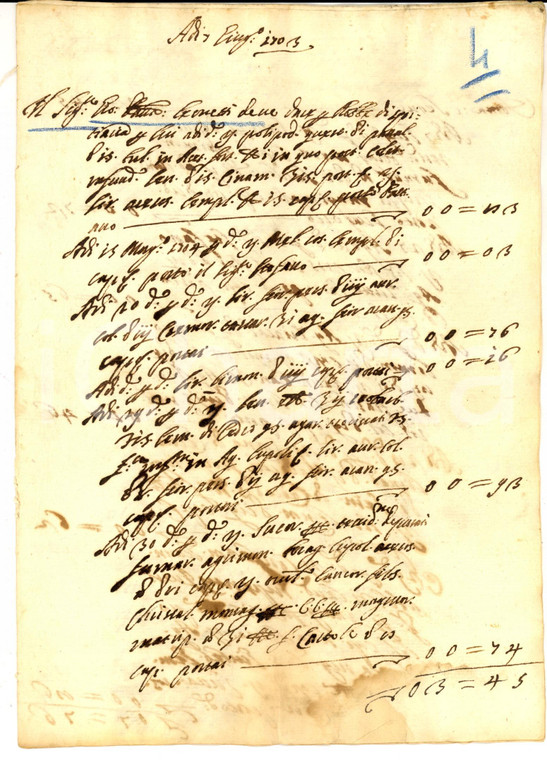 1703 SPOLETO (PG) Conto debiti di Giovanni Battista LEONETTI *Manoscritto 8 pp.