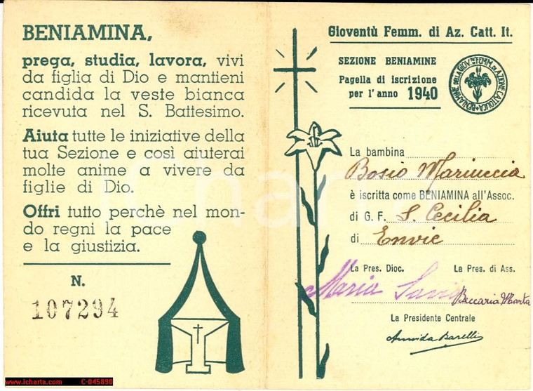 1940 ACI ENVIE (CN) Tessera Mariuccia BOSIO beniamina