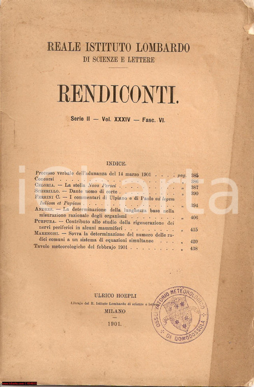 1901 REALE ISTITUTO LOMBARDO Scienze Lettere RENDICONTI