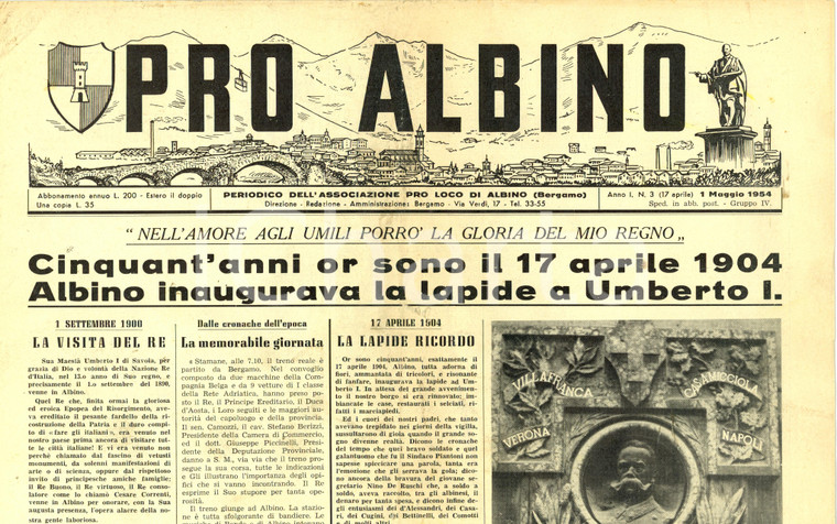 1954 PRO ALBINO Cinquantenario Lapide a Re UMBERTO I *Giornale ILLUSTRATO