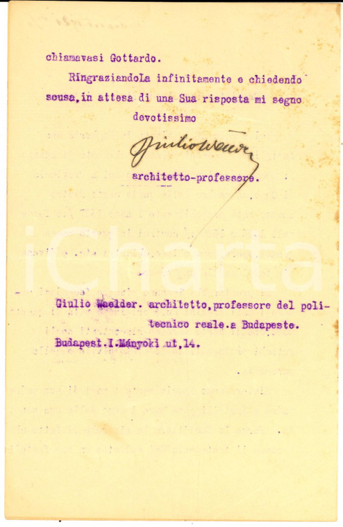 1921 BUDAPEST Architetto Giulio WÄLDER - Ricerca su famiglia SPAZZO *Autografo