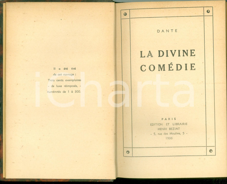 1936 Dante ALIGHIERI La Divine Comédie *Edition Librarie Henri BEZIAT