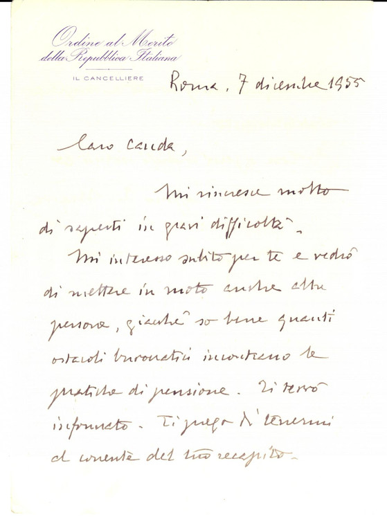1955 ROMA Lettera gen. Efisio MARRAS Ordine al Merito *Autografo