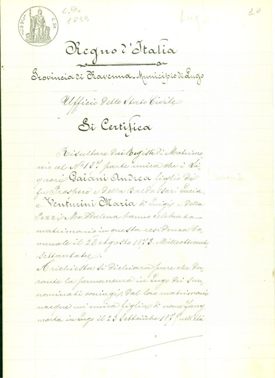 1900 LUGO (RA) Andrea GAIANI Maria VENTURINI Certificato di matrimonio Documento