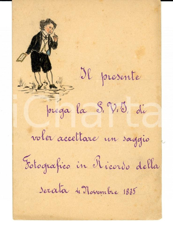 1885 Biglietto con damerino DISEGNATO A MANO in ricordo della serata 8x12 cm