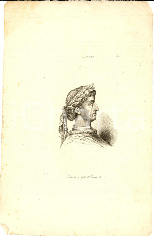 1850 ca ALLEMAGNA Federico II figlio di Enrico V *Stampa 17x25 cm