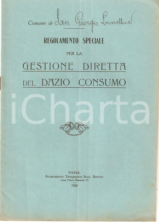 1924 SAN GIORGIO DI LOMELLINA (PV) Regolamento Gestione Dazio consumo *Libretto