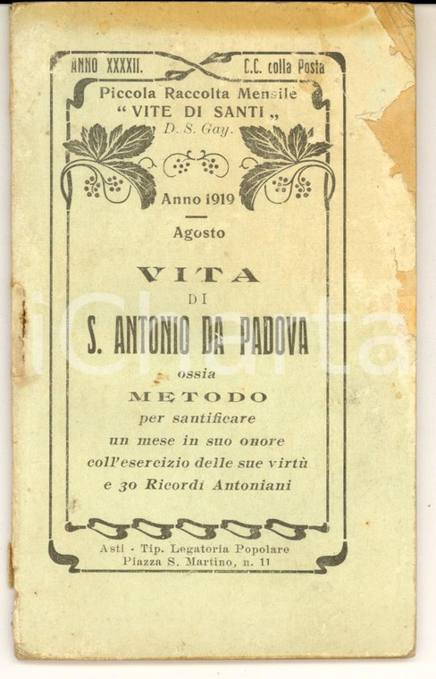 1919 ASTI Don S. GAY Vita di S. Antonio di PADOVA Metodo per santificare un mese