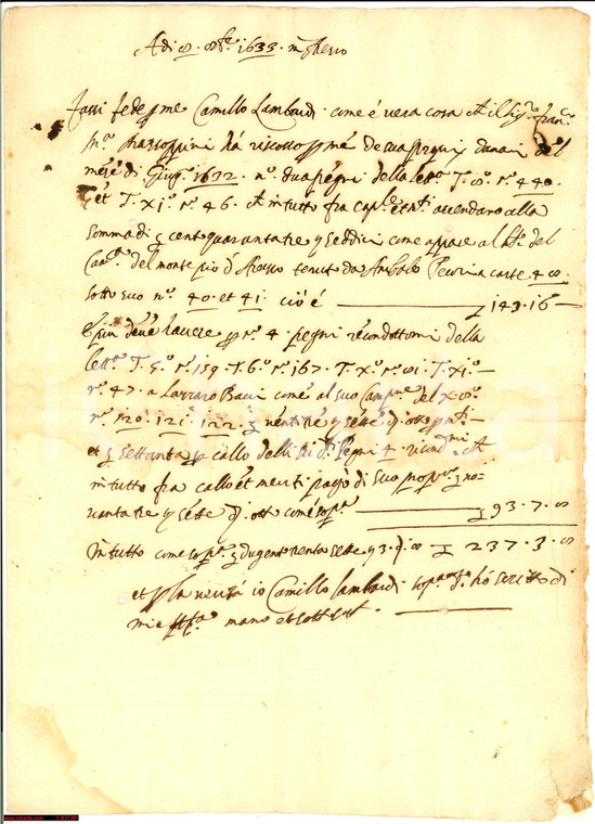 1633 AREZZO Camillo LAMBARDI pegni Monte Pio manuscript