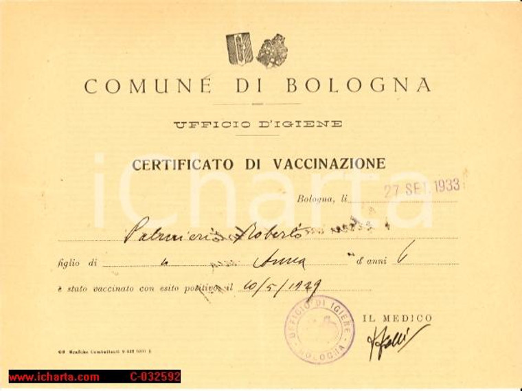 1933 BOLOGNA Certif. vaccinazione PALMIERI ROBERTO