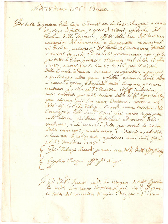 1736 BRESCIA Saldo di Ippolito BUZZONI al conte Giovanni Fabrizio SUARDI