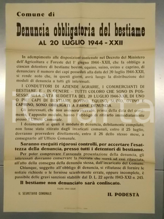 1944 WW2 TREVISO Denuncia obbligatoria del bestiame posseduto *Manifesto