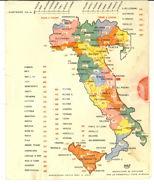 1960 ca Indicatore MAF distanze tra le città d'Italia *ESTRAIBILE 15x18 cm