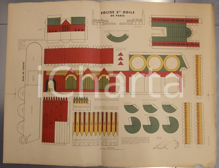 1950 ca PARIS Modellino chiesa SAINTE ODILE da ritagliare 50x60 cm RARO