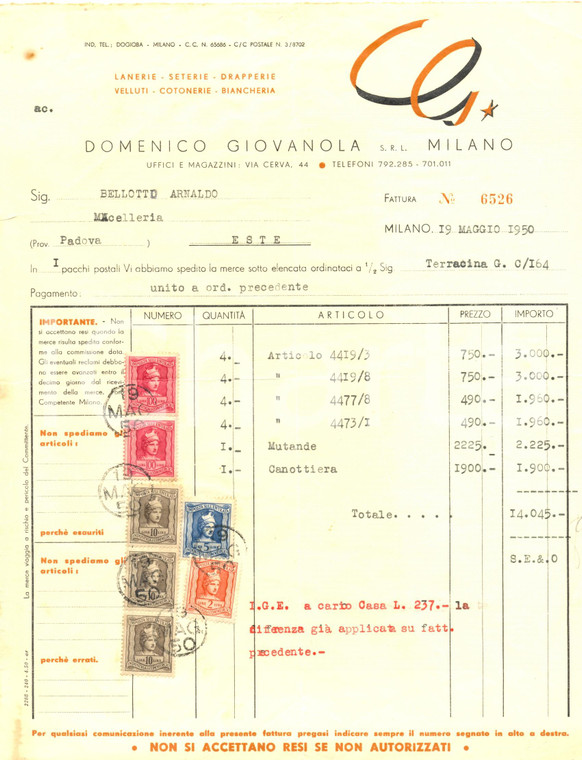 1950 MILANO Domenico GIOVANOLA lanerie seterie drapperie cotonerie *Fattura