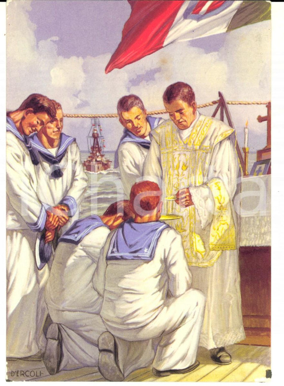 1940 ca REGIA MARINA Benedizione dei marinai *Cartolina ILLUSTRATA D'ERCOLI FG