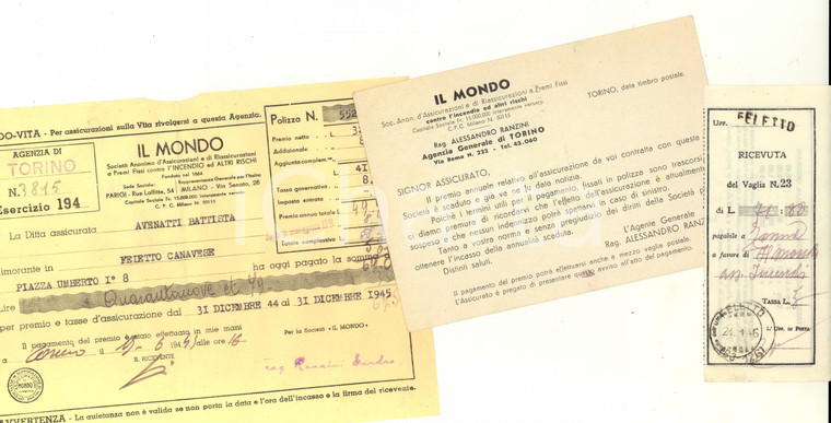 1946 FELETTO CANAVESE (TO) IL MONDO Cartolina premio assicurazione AVENATTI