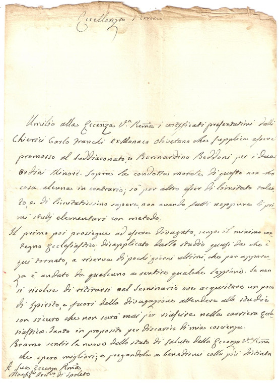 1833 MONTEFALCO (PG) Chierico Carlo FRANCHI ignorante e senza contegno