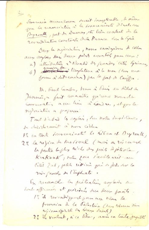 1915 PARIS Negoziati franco-inglesi MEDIO ORIENTE *Autografo Philippe BERTHELOT