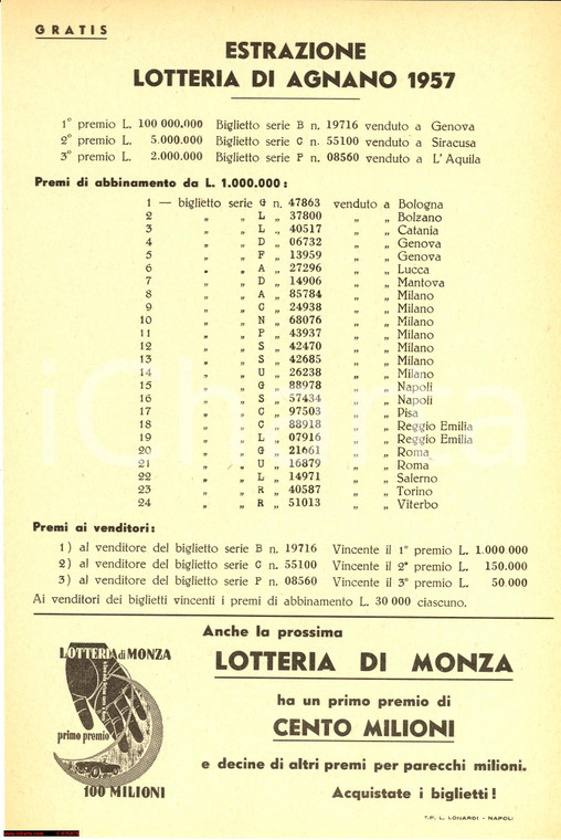 1957 LOTTERIA DI AGNANO Estrazione locandina