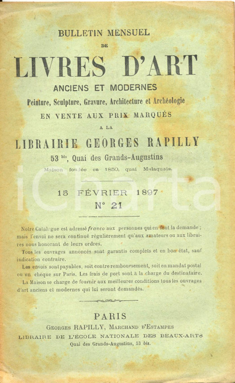 1897 PARIS Librairie GEORGES RAPILLY Bulletin mensuel de LIVRES D'ART n° 21