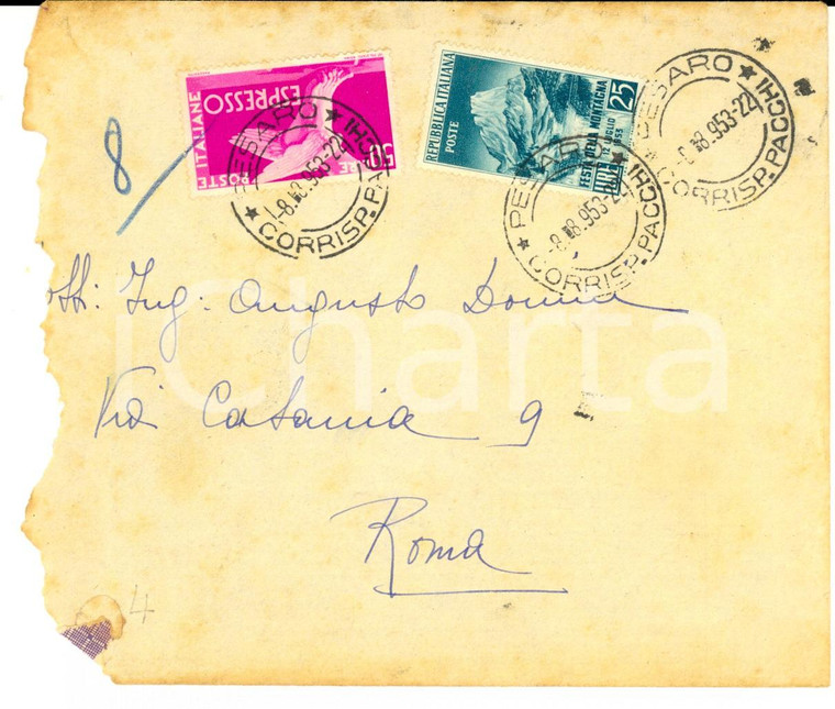 1953 STORIA POSTALE Busta affrancatura L. 50 espresso L. 25 Festa della montagna