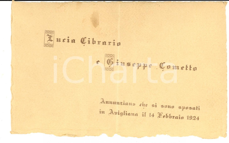 1924 AVIGLIANA (TO) Nozze Lucia CIBRARIO - Giuseppe COMETTO *Partecipazione
