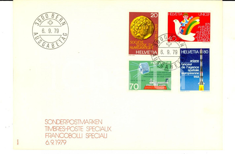 1979 STORIA POSTALE BERNA (SVIZZERA) Busta francobolli speciali ARIANE FDC