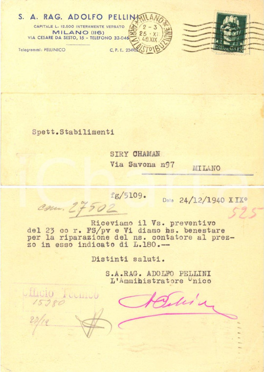 1940 MILANO Ditta PELLINI riparazione contatore stabilimenti Siry CHAMAN *FG VG