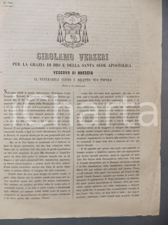 1858 BRESCIA Vescovo Girolamo VERZERI - Lettera su Opera Propagazione della Fede