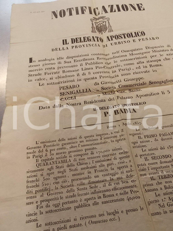 1857 PESARO Sottoscrizione azioni STRADE FERRATE ROMANE Linea PIO-CENTRALE