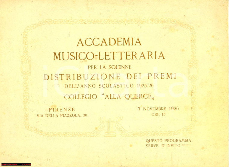 1926 FIRENZE COLLEGIO ALLA QUERCE invito premiazione