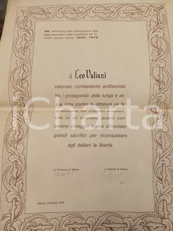 1976 MILANO Diploma benemerenza a LEO VALIANI combattente antifascista