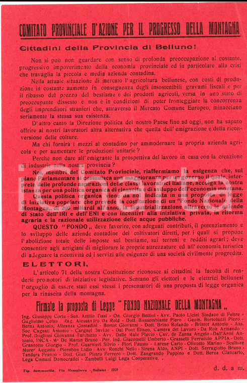 1959 BELLUNO Proposta legge pro FONDO NAZIONALE DELLA MONTAGNA *Propaganda