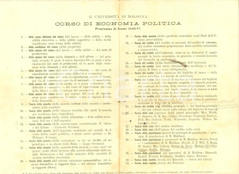 1886 BOLOGNA Programma esami Corso ECONOMIA POLITICA *Documento