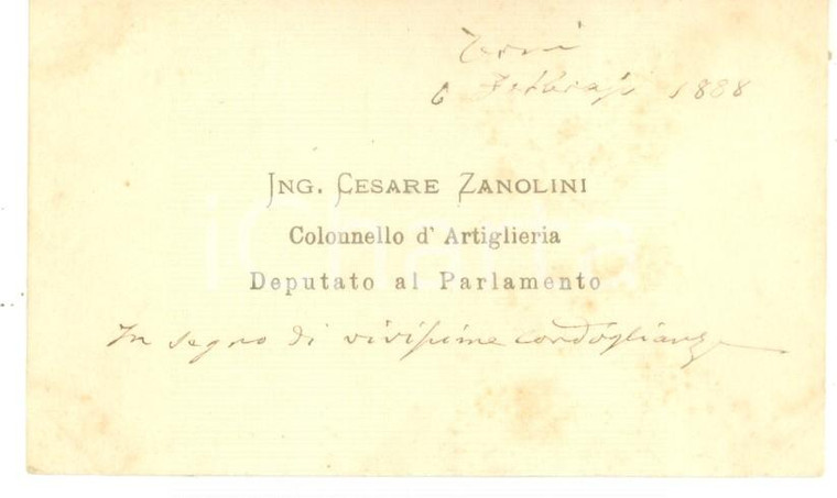1888 TERNI Condoglianze on. Cesare ZANOLINI - Biglietto da visita autografo