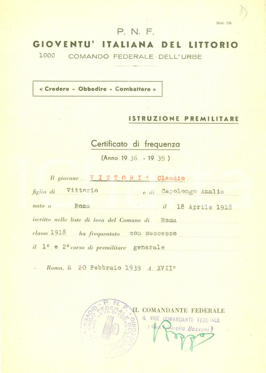 1939 ROMA PNF GIL Certificato Claudio VITTORIA istruzione premilitare *Documento